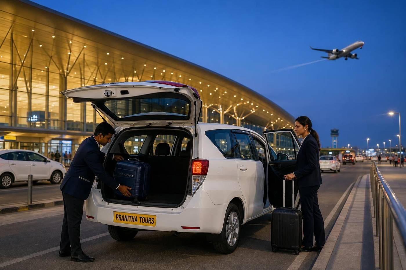 Luxury sedan at Bengaluru Airport at twilight