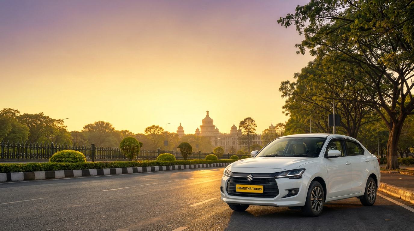 A white Pranitha Tours cab on a tree-lined Bengaluru road with Vidhana Soudha in the distance at golden hour